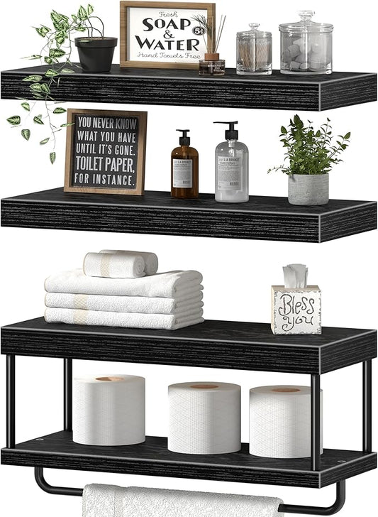 QEEIG Bathroom Floating Shelves Over Toilet - Wall Mounted Shelf Toilet Paper Storage Farmhouse 16 inch Set of 3, Black (027-40B3)