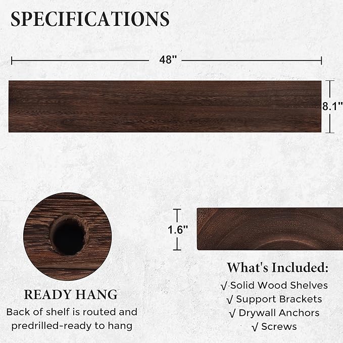 Axeman Floating Shelves, 8 Inch Deep Rustic Solid Wood Wall Shelves for Storage, Wall Mounted Display Shelving with Invisible Heavy-Duty Metal Bracket, 48" W x 8" D x 1.6" H, Rustic Brown