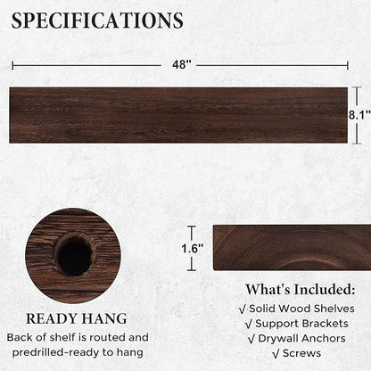 Axeman Floating Shelves, 8 Inch Deep Rustic Solid Wood Wall Shelves for Storage, Wall Mounted Display Shelving with Invisible Heavy-Duty Metal Bracket, 48" W x 8" D x 1.6" H, Rustic Brown