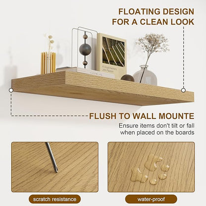 72 Inch Floating Shelves 2 Pack, 8 Inch Deep Floating Shelf Wall Mounted, Large Shelves with Invisible Bracket for Books|Storage, Rustic Wood Wall Shelf for Bedroom, Kitchen, Living Room, Oak