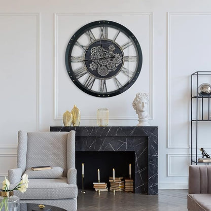 24 Inch Moving Gear Wall Clock, Oversized Wall Clocks, Clock Living Room Decor, Solid Wood Frame, Battery Operated, Large Wall Clock with Steampunk Industrial for Fireplace(Black)