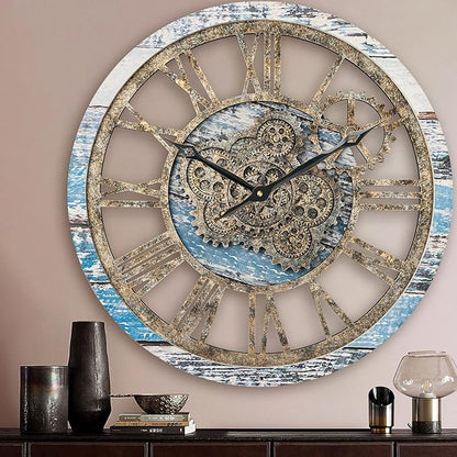 HOIBAI Large Wall Clock, Wall Clocks for Living Room Decor 20 Inch Farmhouse Vintage Rustic Kitchen Wall Decor Vintage Roman Oversized Wall Clock for Home Bedroom House Office, Moving Gears Clock