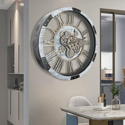 DORBOKER 36" Original Moving Gears Wall Clock, Large Industrial Wall Clock for Living Room Decor, Retro Metal Solid Wood Vintage Farmhouse Steampunk Rustic Clocks for Wall Decor,Silver Grey