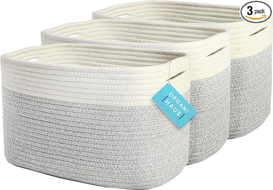 OrganiHaus Set of 3 Woven Storage Baskets for Organizing, Cotton Rope Organizer Bins for Shelves, Closet & Nursery, Dog Toy Basket, Decorative Bins for Toys, Towels & Books - 15x10x9, Grey