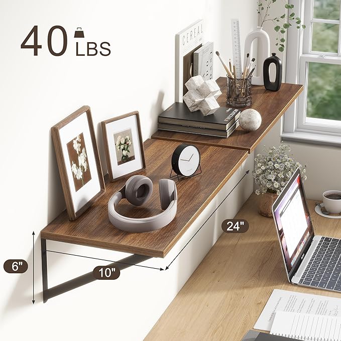 Deep Walnut Floating Shelves for Wall, 24"W x 10"D Wall Shelves Set of 2, 10 Inch Deep Floating Shelf with Brackets, Wide Display & Storage Shelves for Books, Living Room, Kitchen, Bathroom
