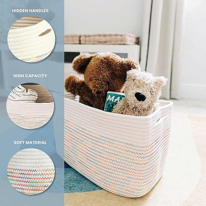 OrganiHaus Set of 3 Woven Storage Baskets for Organizing, Cotton Rope Organizer Bins for Shelves, Closet & Nursery, Dog Toy Basket, Decorative Bins for Toys, Towels & Books - 15x10x9, Rainbow Stitches