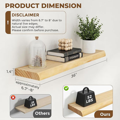 RICHFOCUS Live Edge Wood Floating Shelves for Wall 36" Natural Solid Wood Wall Mounted Shelf|8 Inch Deep Wooden Floating Shelves with Invisible Bracket for Bathroom Kitchen Room|2Pcs, Natural