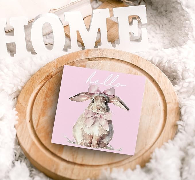 SRADMO Pink Coquette Bow Hello Bunny Wood Box Sign Desk Decor, Bunny Decorations, Easter Theme Wooden Block Box Sign Decoration for Home Office Shelf Table Decor