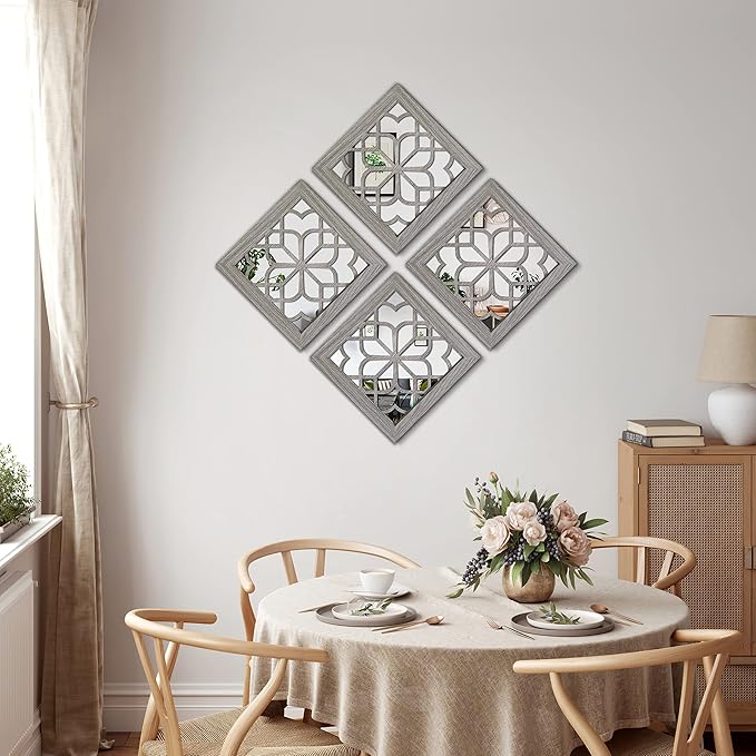 Boho Square Wall Mirrors Set of 2-12" x12'Decorative Mirrors for Wall Decor, BrownHandcrafted Mirror Panels Perfect for LivingRoom Bedroom Entryway Hallway (Brown)