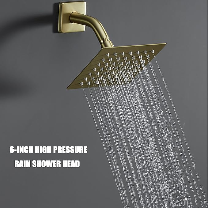Brushed Gold Shower Fixtues, Tub and Shower Faucet Set Combo with 6 Inch Gold Shower Head and Tub Spout, Gold Shower Head and Handle Set (Valve Included)