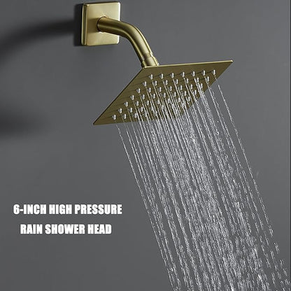 Brushed Gold Shower Fixtues, Tub and Shower Faucet Set Combo with 6 Inch Gold Shower Head and Tub Spout, Gold Shower Head and Handle Set (Valve Included)