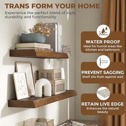 RICHFOCUS Live Edge Wood Floating Shelves for Wall 36" Natural Solid Wood Wall Mounted Shelf|8 Inch Deep Wooden Floating Shelves with Invisible Bracket for Bathroom Kitchen Room|2Pcs, Walnut