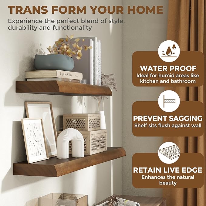 RICHFOCUS Live Edge Wood Floating Shelves 55" Natural Solid Wood Wall Mounted Shelf|Extra Long Floating Shelves for Wall with Invisible Bracket for Bathroom Kitchen Room|1Pcs, Walnut