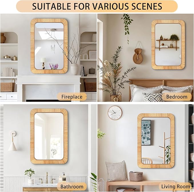 24x36 inch Rattan Rectangular Mirror for Wall, Bohemia Bathroom/Farmhouse Boho Mirrors, Vanity Irragular Decorative Mirror, Suitable for, Nursery, Bedroom, Living Room, Home Decoration