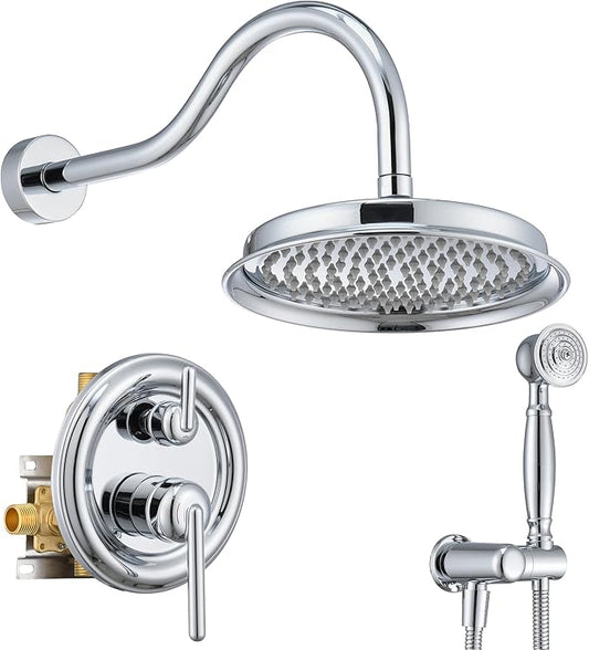 Shower System with Rain Shower Head, Handheld Spray, Rough-in Valve and Trim Kit 9 Inch Bathroom Luxury Rain Mixer Shower Complete Combo Set Wall Mounted High Pressure Shower Faucet Set Chrome