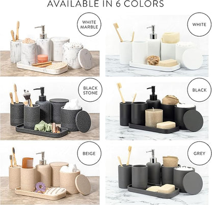 ZCCZ Gray Bathroom Accessories Set 6 Pieces - Toothbrush Holder, Lotion Dispenser, Qtip Container, Vanity Tray, Tumbler - Countertop Organizer for Bathrooms - Elegant and Functional Décor Set