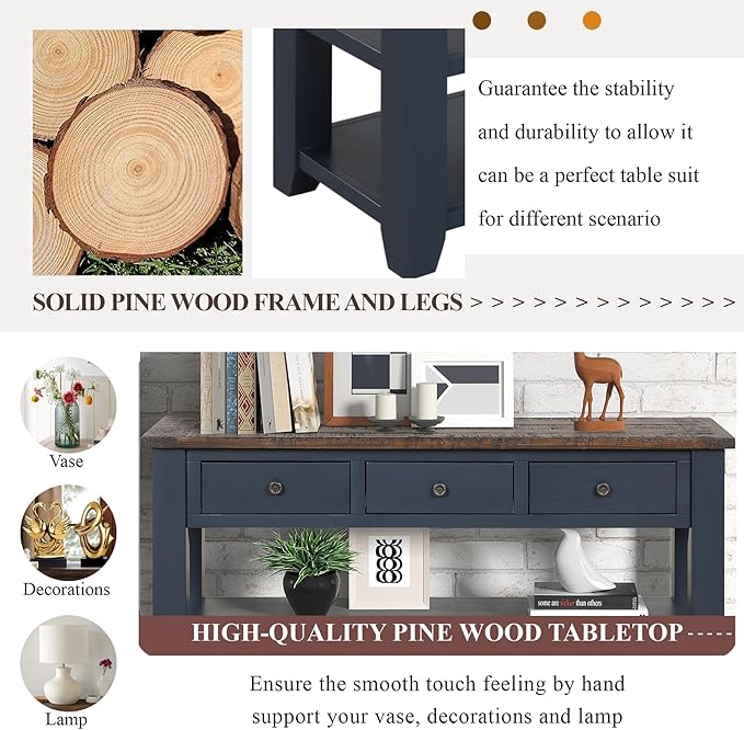 Solid Wood Console Table Sofa Table with Storage Drawers and Bottom Shelf Entryway Table for Entry Hallway Foyer Sofa Couch Table Fully Assembled (48.8" Blue)