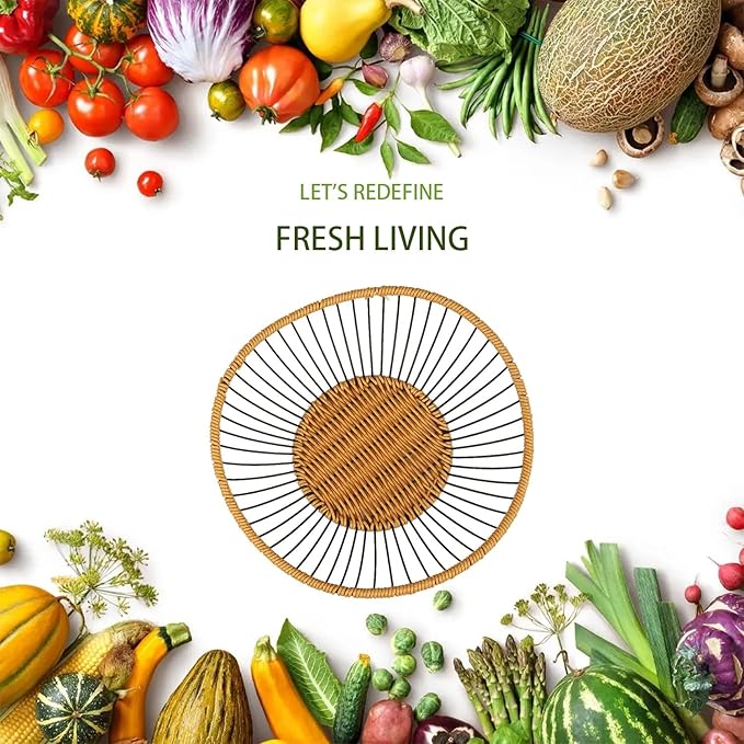 Vine Woven Iron Fruit Bowl, Metal Wire Fruit Basket, Vegetable Drain Basket, Storage Baskets for kitchen counter, countertop,Snacks, Candy, Bread,Cosmetics,Table decorative(13.8 x 4 Inches)