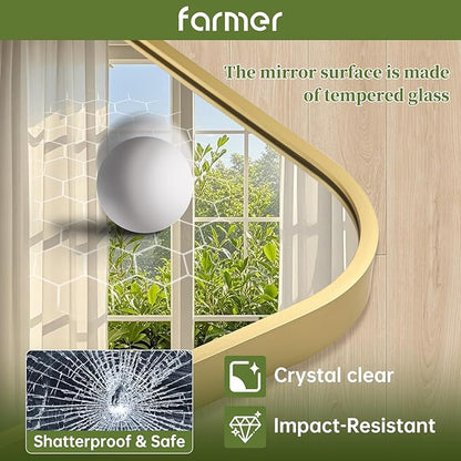 FARMER 22x30 Inch Gold Bathroom Mirror, Rectangle Vanity Mirror, Brushed Mirrors for Wall, Metal Frame Hanging Mirror with Round Corner for Bedrooms, Entryways, Living Rooms, Horizontal/Vertical