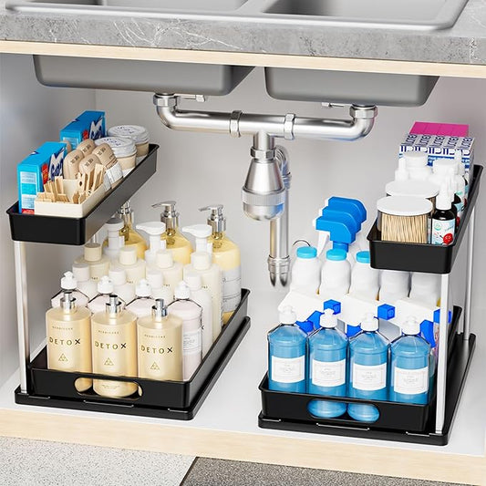 Yieach 2 Pack Under Kitchen Cabinet Storage,14.5 Inch Deep Black Under Sink Storage Rack for Apartments and Small Space,Two Tier Undersink Pull Out Organizer Drawers & Bathroom Cabinet Organization