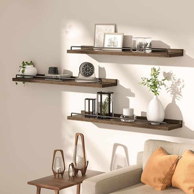 32 inches Long Floating Shelves, Bathroom Decor Shelves Over Toilet, Farmhouse Wall Shelves for Living Room, Bedroom, Picture Frames, Plants, Kitchen, Set of 3 (Brown)