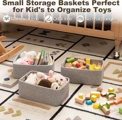 3 Pack Small Storage Baskets for Organizing, Cute Woven Decorative Gift Baskets for Shelves, Mini Closet Organizer Bins with Handles, 11.81''Lx7.87''Wx4.72''H-Grey
