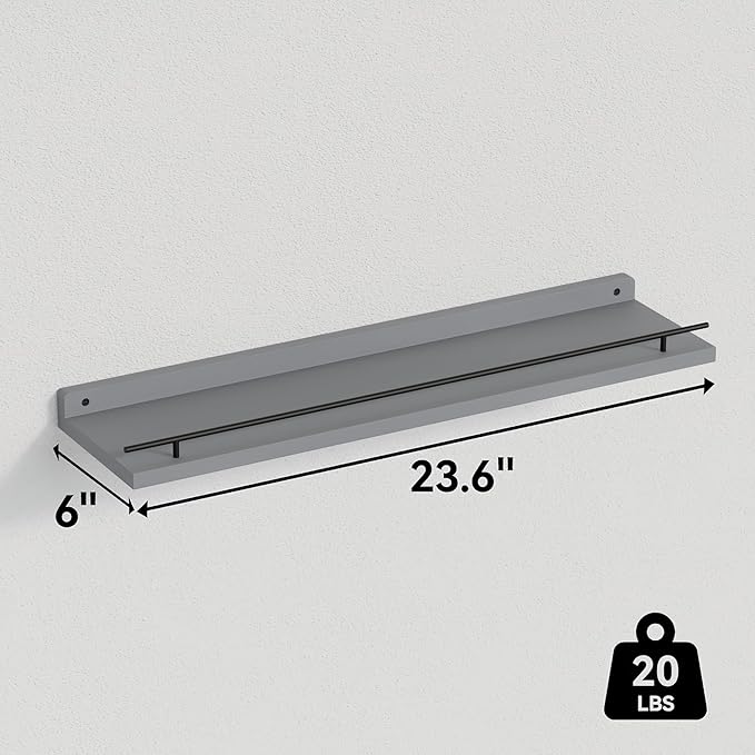 WOPITUES Floating Shelves 24 inch with Black Metal Guardrail, Shelves for Wall Decor Set of 3, Wall Shelves for Bedroom, Bathroom, Kitchen, Living Room, Plants, Picture Frames, Art- Grey