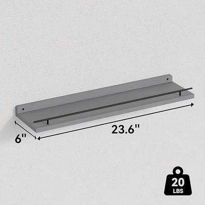 WOPITUES Floating Shelves 24 inch with Black Metal Guardrail, Shelves for Wall Decor Set of 3, Wall Shelves for Bedroom, Bathroom, Kitchen, Living Room, Plants, Picture Frames, Art- Grey