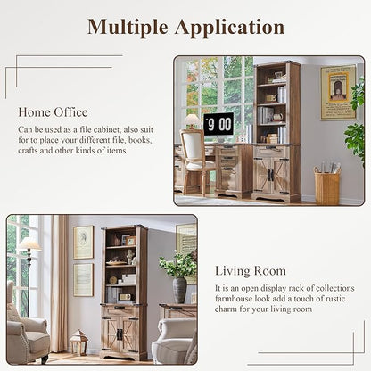 RedLemon Bookshelf with Storage Cabinet, 72" Tall Farmhouse Bookcase with Adjustable Shelves and Barn Door, 4 Tier Office Wood Bookshelf with Retro Metal Handles for Office, Library (Natural Oak)