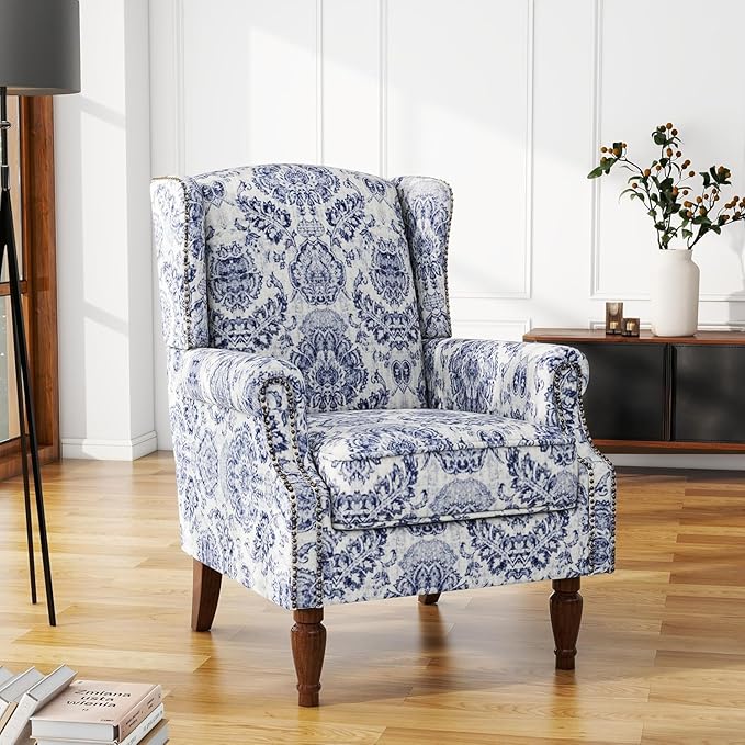 UIXE High Back Floral Accent Chair, Fabric Upholstered Armchair for Living Room, Retro Wingback Arm Chair with Solid Wood Legs, Nailhead Trim Single Sofa Bedroom Reading Seat - Navy Blue