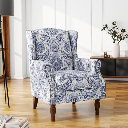 UIXE High Back Floral Accent Chair, Fabric Upholstered Armchair for Living Room, Retro Wingback Arm Chair with Solid Wood Legs, Nailhead Trim Single Sofa Bedroom Reading Seat - Navy Blue