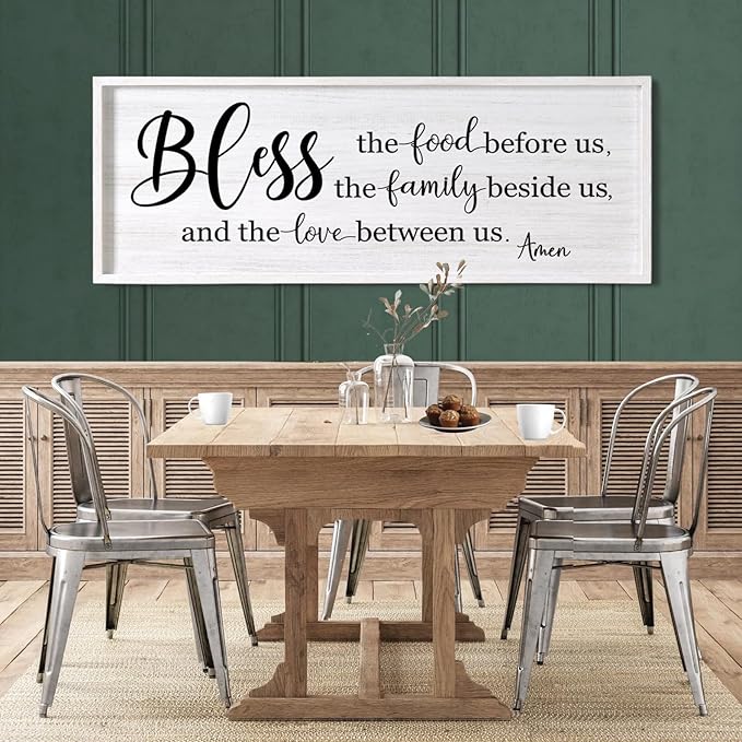 Bless the Food Before Us, the Family Beside Us, and the Love between us Framed Wall Art for Dining Room, 40''×15'' Holy Positive Religious Rustic Bible Verse for Christian God Jesus Christ Prayer