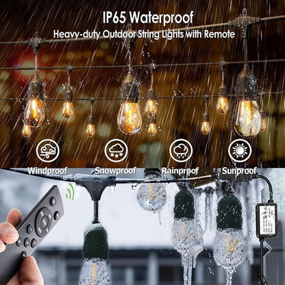 1-Pack 150 ft Outdoor String Lights with Remote Patio Lights Weatherproof, 45+3 Spare S14 Shatterproof Warm 2200K Bulbs, 3 Lighting Modes&Dimmable&Timer