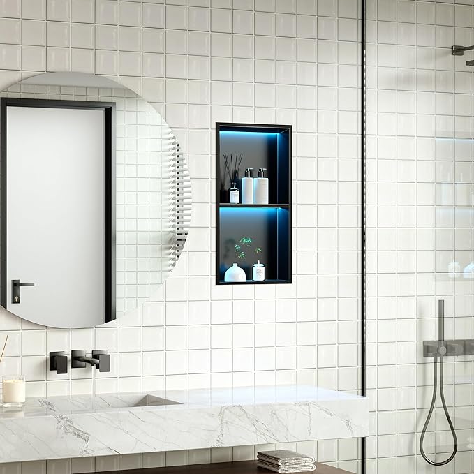Stainless Steel Shower Niche 12" X 24", No Tile Needed Wall Niche with RGB Led Light, Recessed Shower Shelf for Bathroom Storage Over Mount Installation, Matte Black