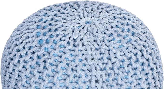 BIRDROCK HOME Round Pouf Ottoman | Cotton Braided Foot Stool with Bean Bag Filling | Boho Foot Rest for Living Room & Bedroom | Compact & Comfortable Seating, Lightweight & Soft | Soft Blue