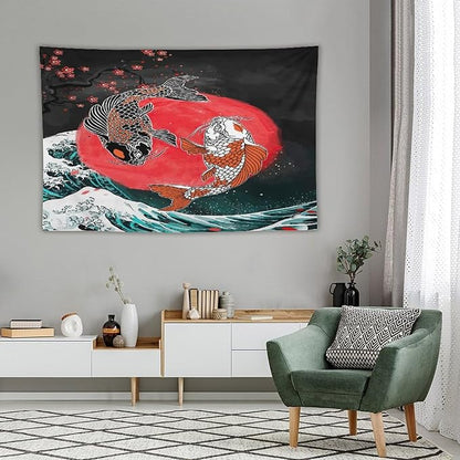 Houselerax Koi Fish Tapestries,Japanese Style Yin Yang Big Wave Cherry Blossoms Tapestry Wall Hanging for Bedroom Living Room Office Decor 90"x60"
