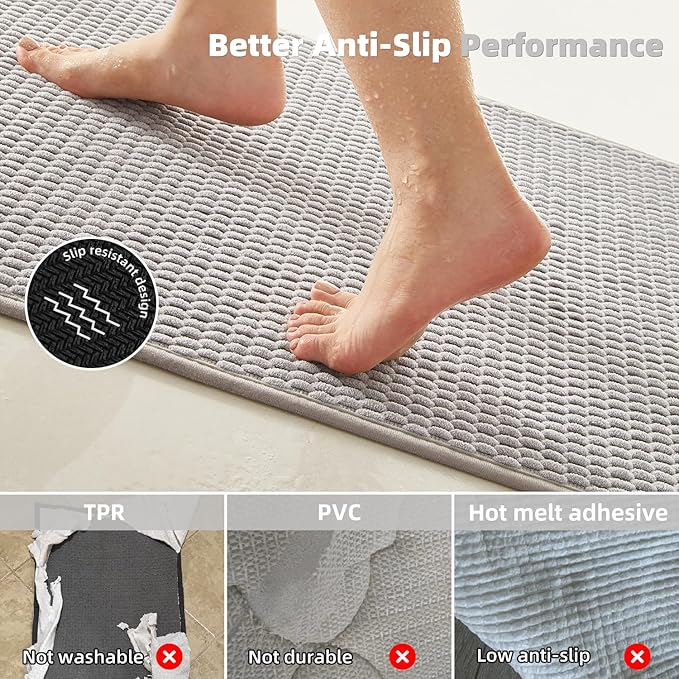 Bathroom Rugs Non Slip Washable, Super Absorbent Thin Bath Mat Quick Dry Low Pile Bathroom Rug, Light Grey 20"x48"