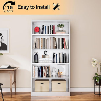 66" Tall Metal Bookcase, 5 Shelf White Bookcase with Adjustable Shelves, Large Bookshelves and Bookcases, Modern Book Shelf Storage Organizer for Living Room, Home Office, Library