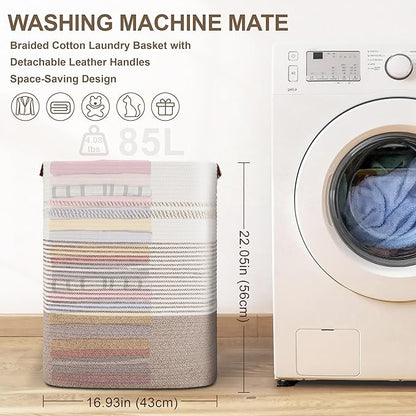 85L Tall Laundry Hamper with Handles for Living Room Storage, Extra Large Woven Rope Baskets Bin for Blanket, Kids Toy, Gifts, Wicker Hamper for Bedroom Dirty Clothes, 17"x14"x22" White Brown