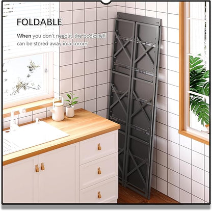 4NM 6 Tiers No Assembly Book Shelves, 61.8" H Folding Bookshelf Bookcase Open Industrial Foldable Shelves for Bedroom, Living Room, Home Office - All Black