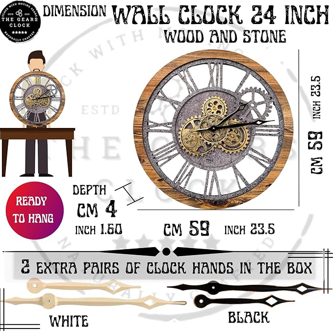 The Gears Clock The Original Real Moving Gear Wall Clock Vintage Industrial Oversized Rustic Farmhouse (24 inch (60cm),Wood&Stone)