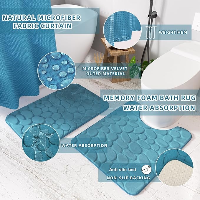 26PC Bathroom Accessories Set - Gorgeous Teal Bathroom Set, Bathroom Accessory Set, Shower Curtain Set with Bathtub Mats for Shower Tub,Trash Can & Soap Dispenser