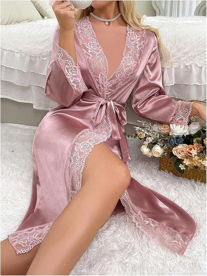 OYOANGLE Womens Silk Robe Long Lace Trim Satin Kimono Sleeve Sexy Soft Lightweight Vacation Sleepwear Robe