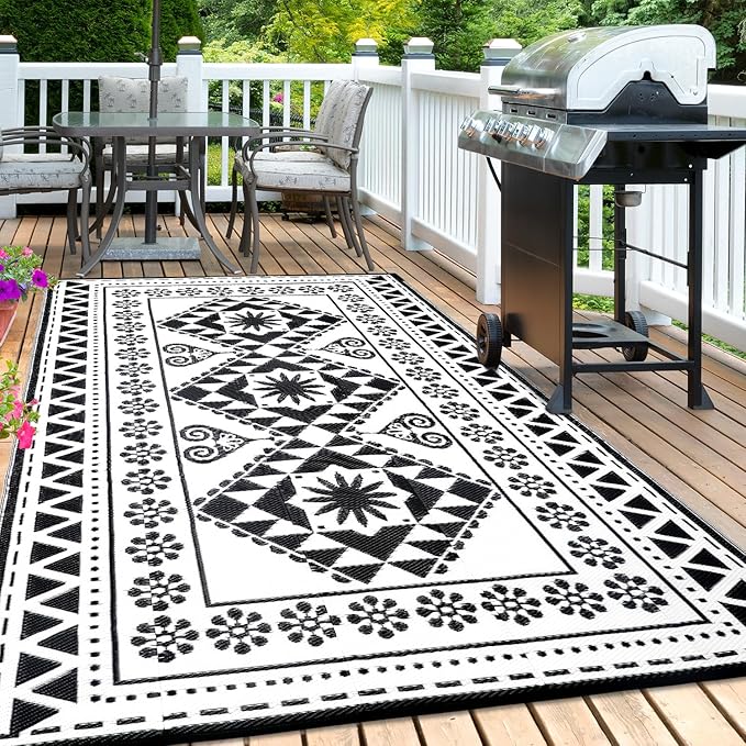 Waterproof Outdoor Rug 8x10ft, Reversible Plastic Straw Mat Rugs for Patio RV Deck Porch Backyard Balcony Camping Picnic Beach Indoor Outdoor Carpet, Black&White