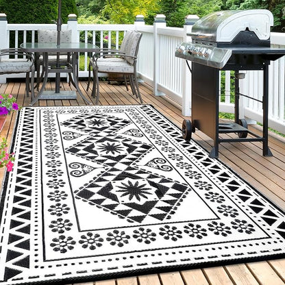 Waterproof Outdoor Rug 6x9ft, Reversible Plastic Straw Mat Rugs for Patio RV Deck Porch Backyard Balcony Camping Picnic Beach Indoor Outdoor Carpet, Black&White