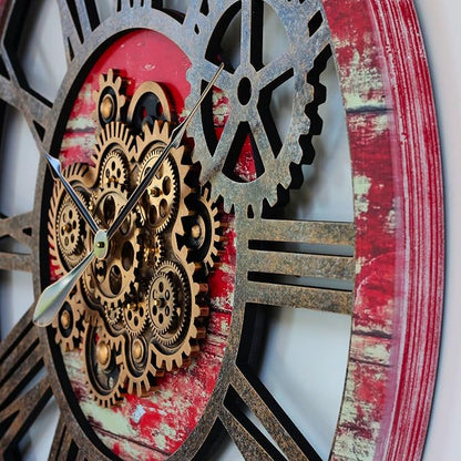 The Gears Clock 36'' Inch Real Moving Gear Wall Clock Vintage Industrial Oversized Rustic Farmhouse (Red Lava)