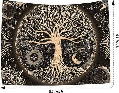 FORATER Tree of Life Tapestry Wall Hanging Sun Moon Stars Tapestries Aesthetic Galaxy Wall Tapestry Nature Home Decoration for Living Room Bedroom(61 x 82 Inch, Black and Gold)
