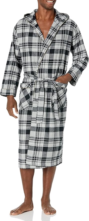 Andrew Scott Mens' Robe with Hoodie| Cotton Flannel Brush Plaid | All Season | Full Length House Robe