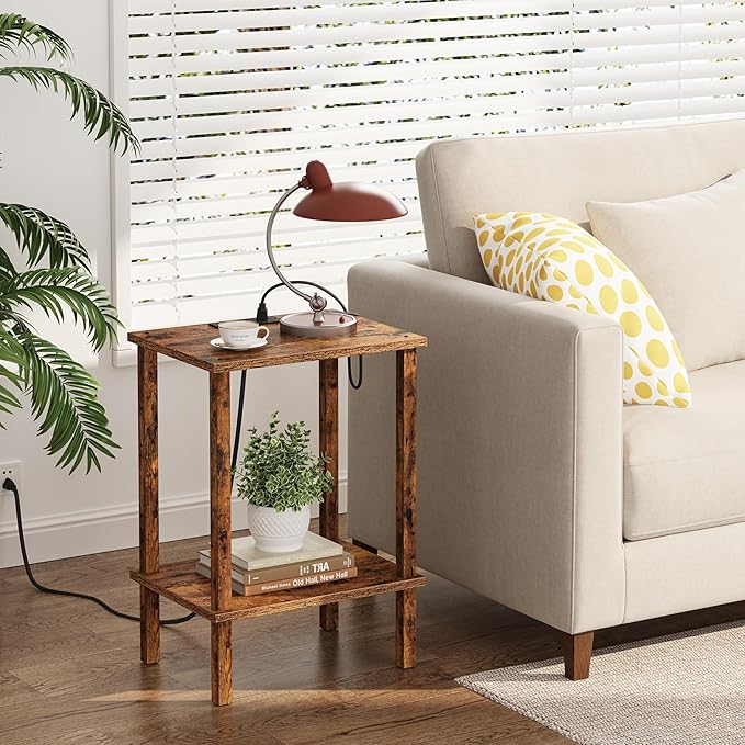 TUTOTAK End Table with Charging Station, Small Side Table with Outlets, Nightstand Bedside Table, 2-Tier Storage Shelf for Small Space, Living Room, Bedroom, Brown TB01BB040C