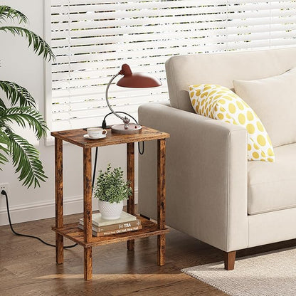 TUTOTAK End Table with Charging Station, Set of 2, Small Side Table with Outlets, Nightstand Bedside Table, 2-Tier Storage Shelf for Small Space, Living Room, Bedroom Brown TB01BB041C